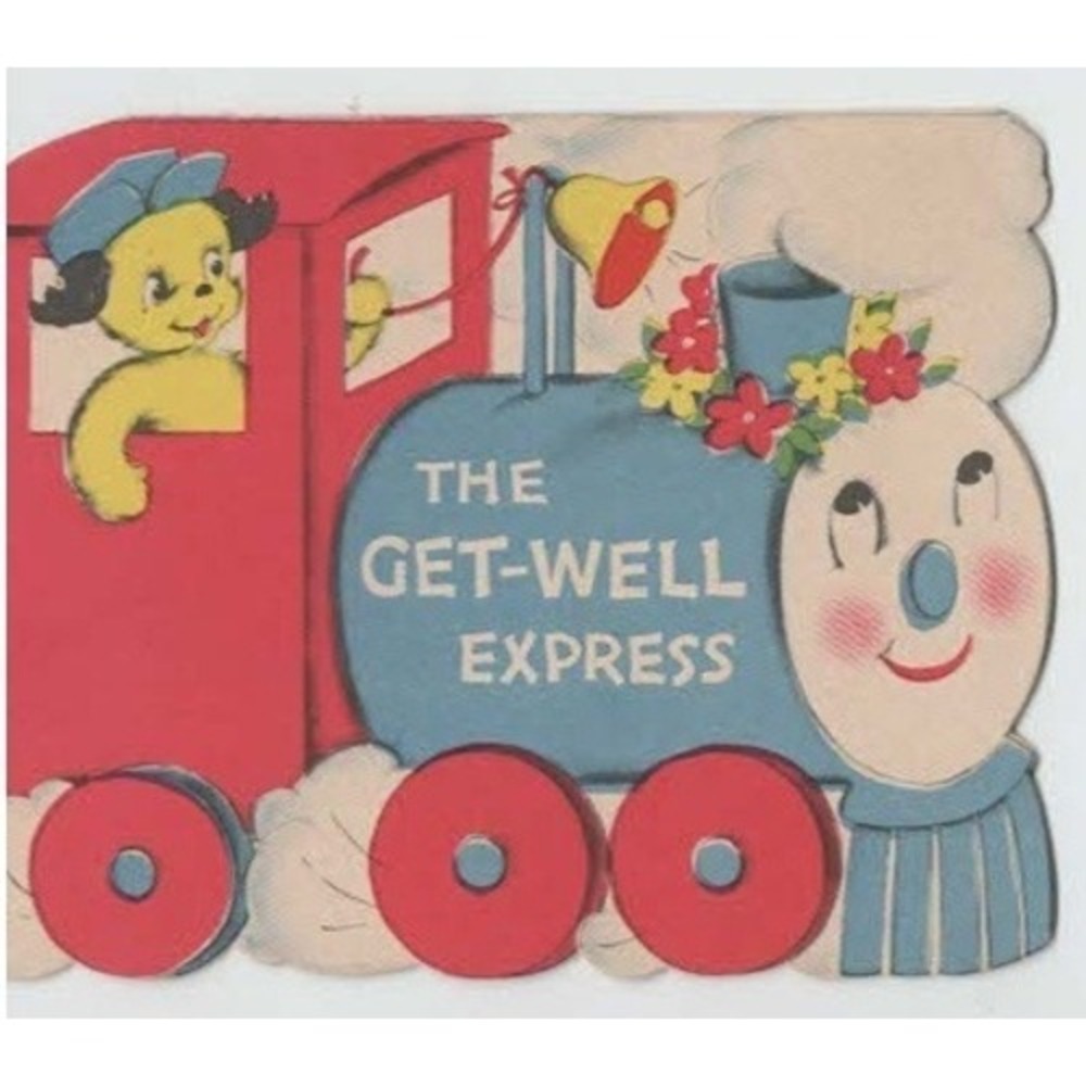 Vtg Mid-Century Get-Well Express Train Die-Cut Greeting Card Puppy Conductor - Picture 1 of 2